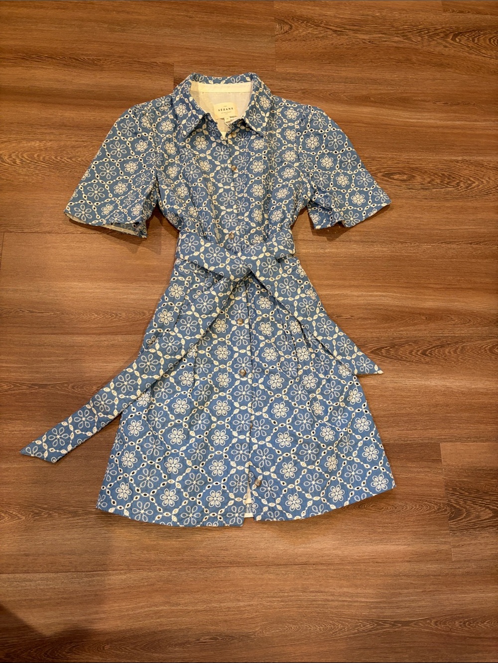 NWT Sézane Blue Cotton Eyelet Dress with Tie Waist Size 4 (36 FR)